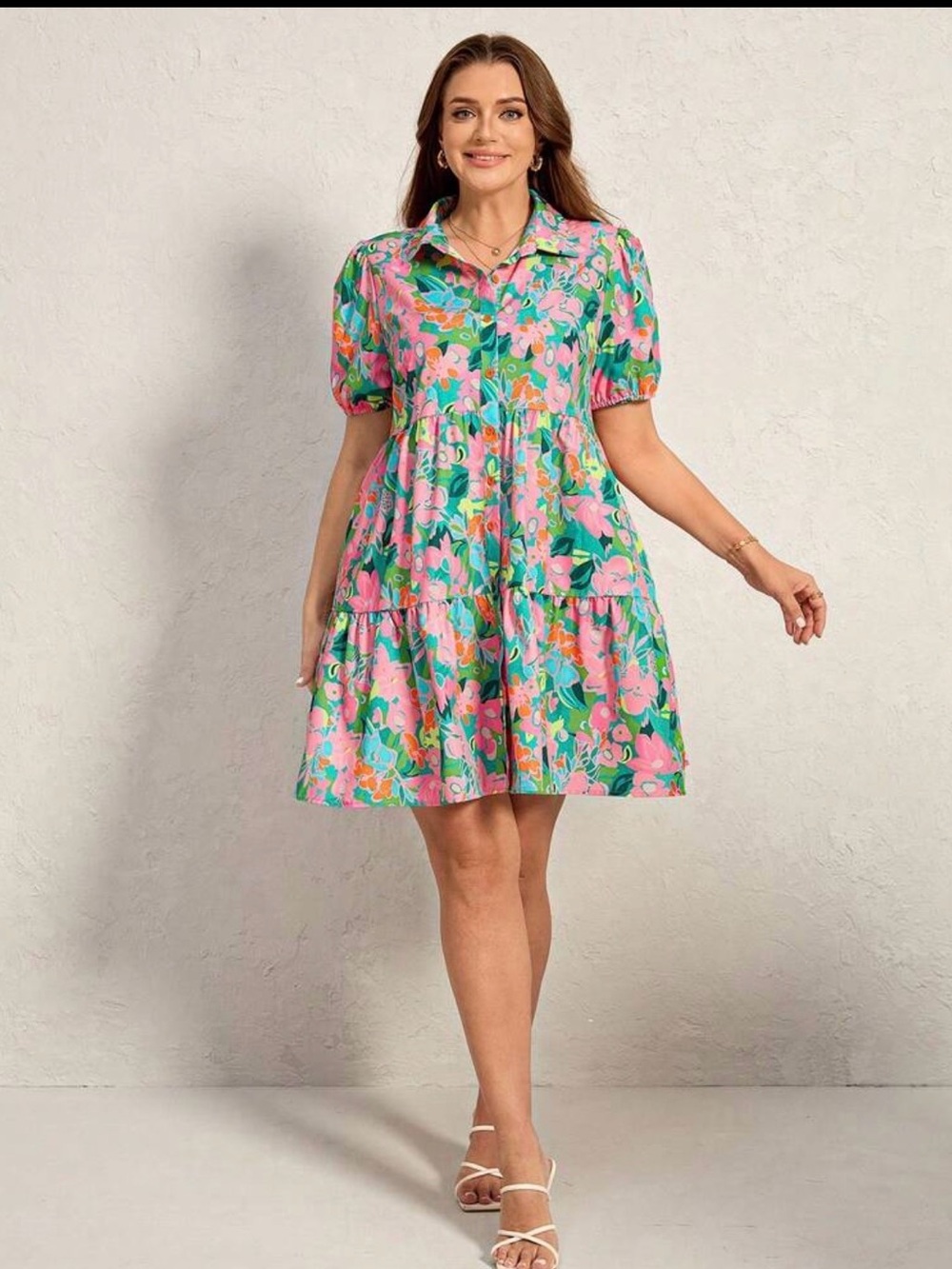 SHEIN Pink and Green Floral Tiered Shirt Dress